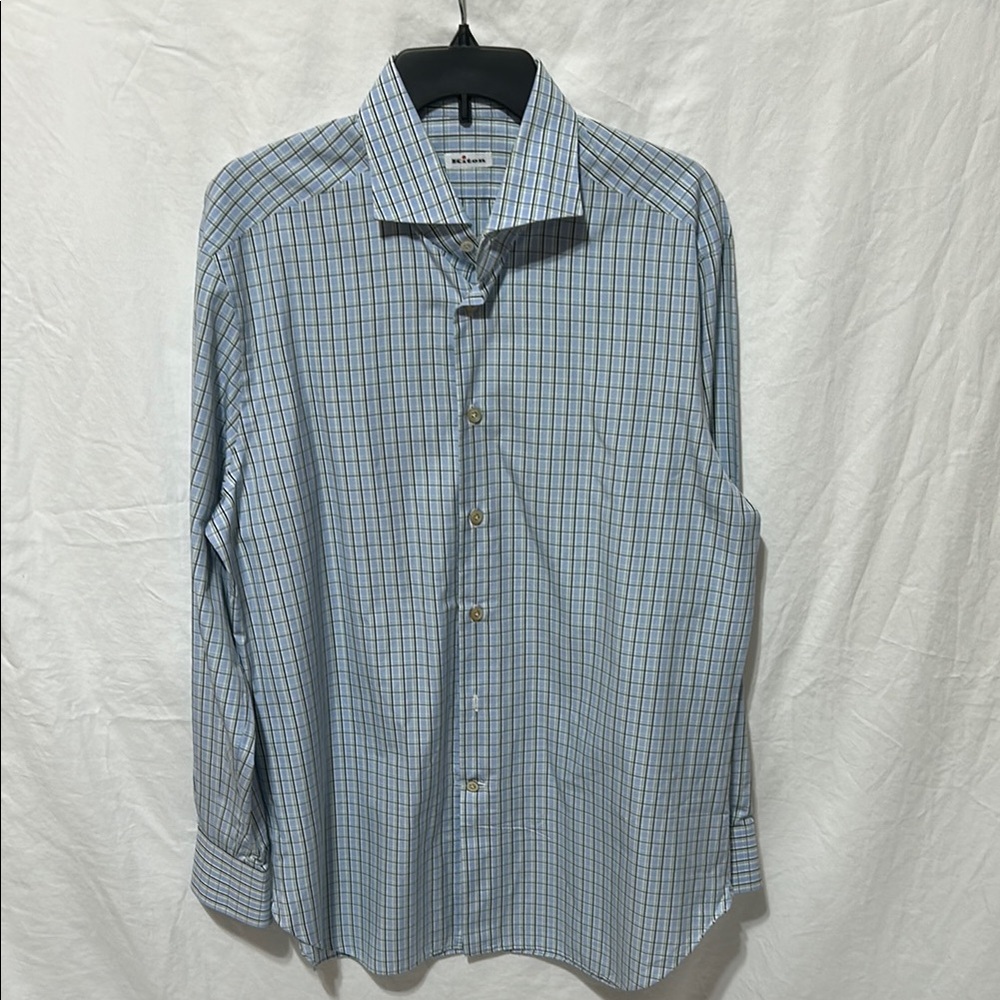 Kiton Blue and White Checkered Dress Shirt